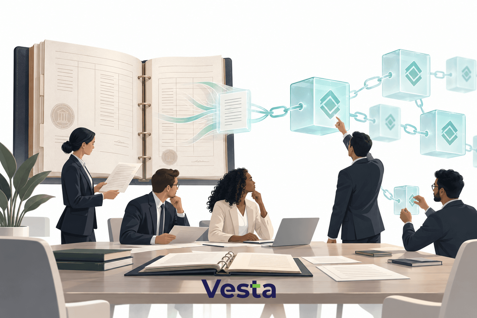 Editorial illustration of a legal share register and blockchain ledger being reconciled in a boardroom.