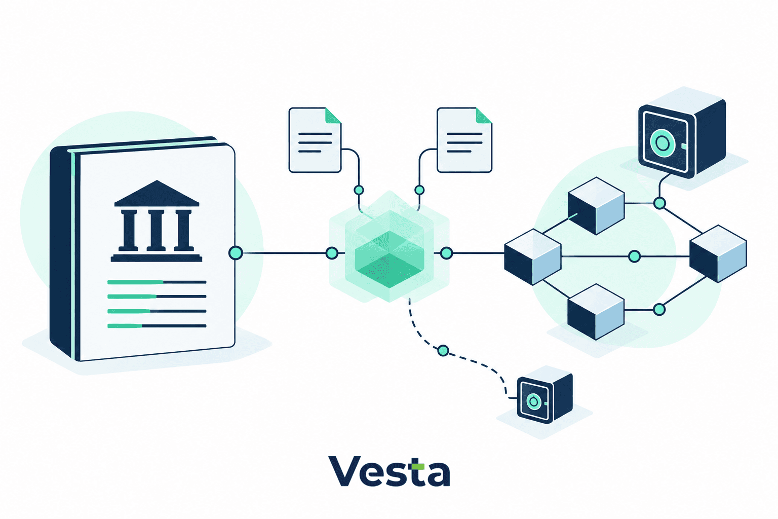 Conceptual editorial illustration showing central‑bank settlement and private on‑chain settlement rails linked by a tokenised instrument.