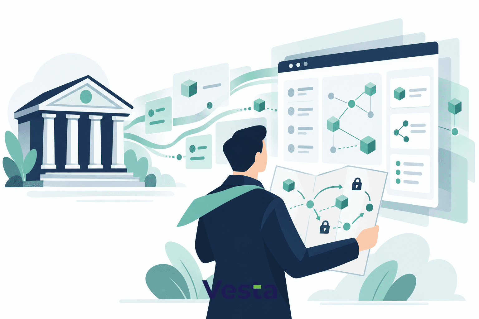 Illustration of a founder reviewing data flows between an exchange and a crypto platform with custody pathways visualized.
